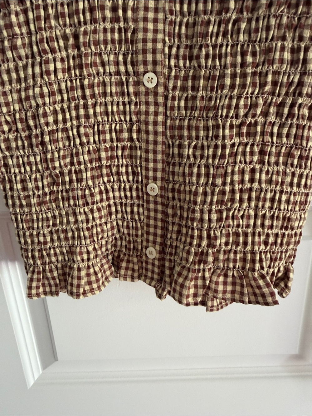 Puff-Sleeve Gingham Button-Up in Brown and Cream medium - Picture 4 of 5